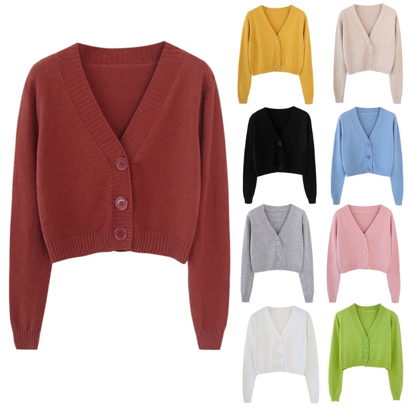 Áo Khoác Cardigan Len Tay Dài Cổ Chữ V Cài Nút Màu Sắc Ngọt Ngào Thời Trang Mùa Thu Cho Nữ
