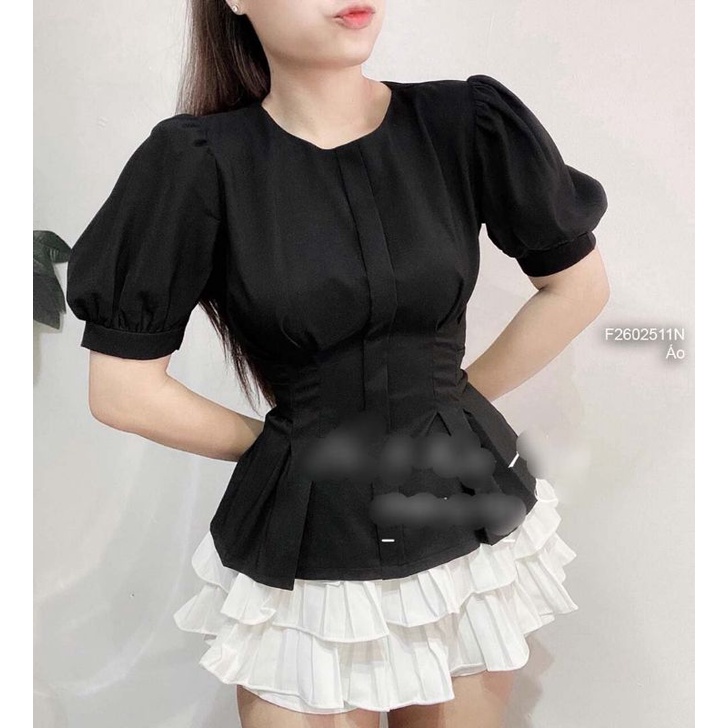 Áo kiểu chít eo cổ tròn tay ngắn phồng 2602