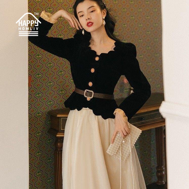 Bộ Áo Nhung Đen + Chân Váy Lưới Phong Cách Retro Hàn Quốc Cho Nữ