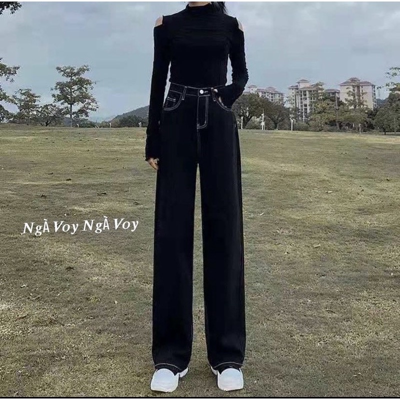 Quần Jeans đen thiết kế chỉ nổi trắng ống rộng form suông tôn dáng chân dài dễ mix và phối đồ