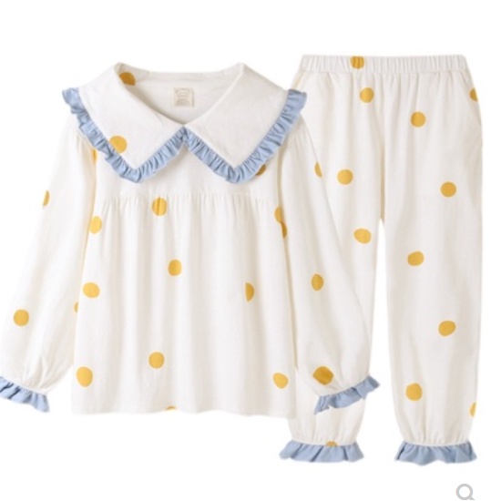 Bộ đồ ngủ thu đông dài tay chấm bi vàng vải cotton phong cách Hàn Quốc (ORDER) | BigBuy360 - bigbuy360.vn