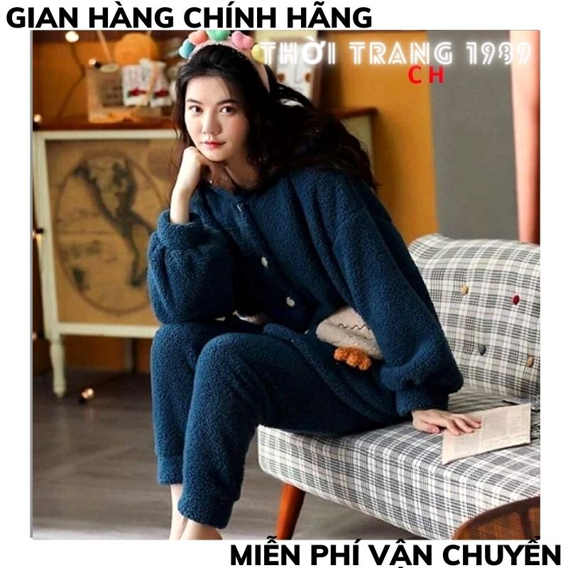 Bộ ngủ lông cừu nữ 🍀bộ lông khuy cài túi cà rốt hàng QC dày mềm mịn tay giữ nhiệt tốt ,bộ ngủ form rông hàn quốc TT1989 | BigBuy360 - bigbuy360.vn