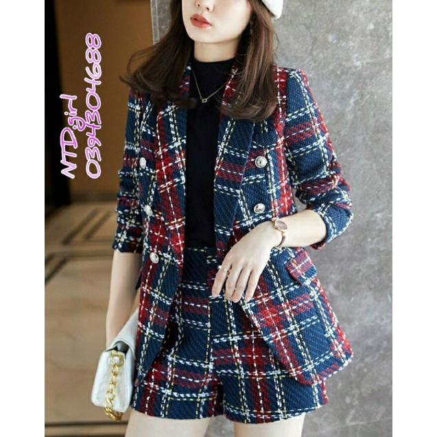 Hàng nhập - Set bộ vest nữ short dạ tweet kẻ caro, sét đồ thời trang quần áo blazer ngắn sang trọng
