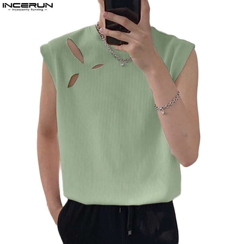 Áo thun ba lỗ INCERUN màu trơn họa tiết kẻ sọc thời trang Hàn Quốc cho nam