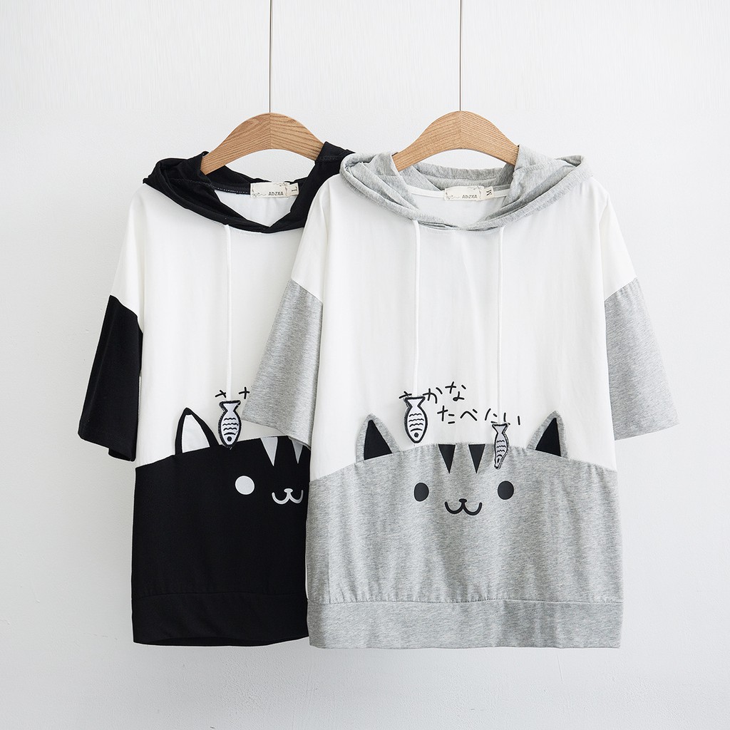 Áo Thun Hoodie Nữ Nón Họa Tiết Cá Mèo Xinh 906