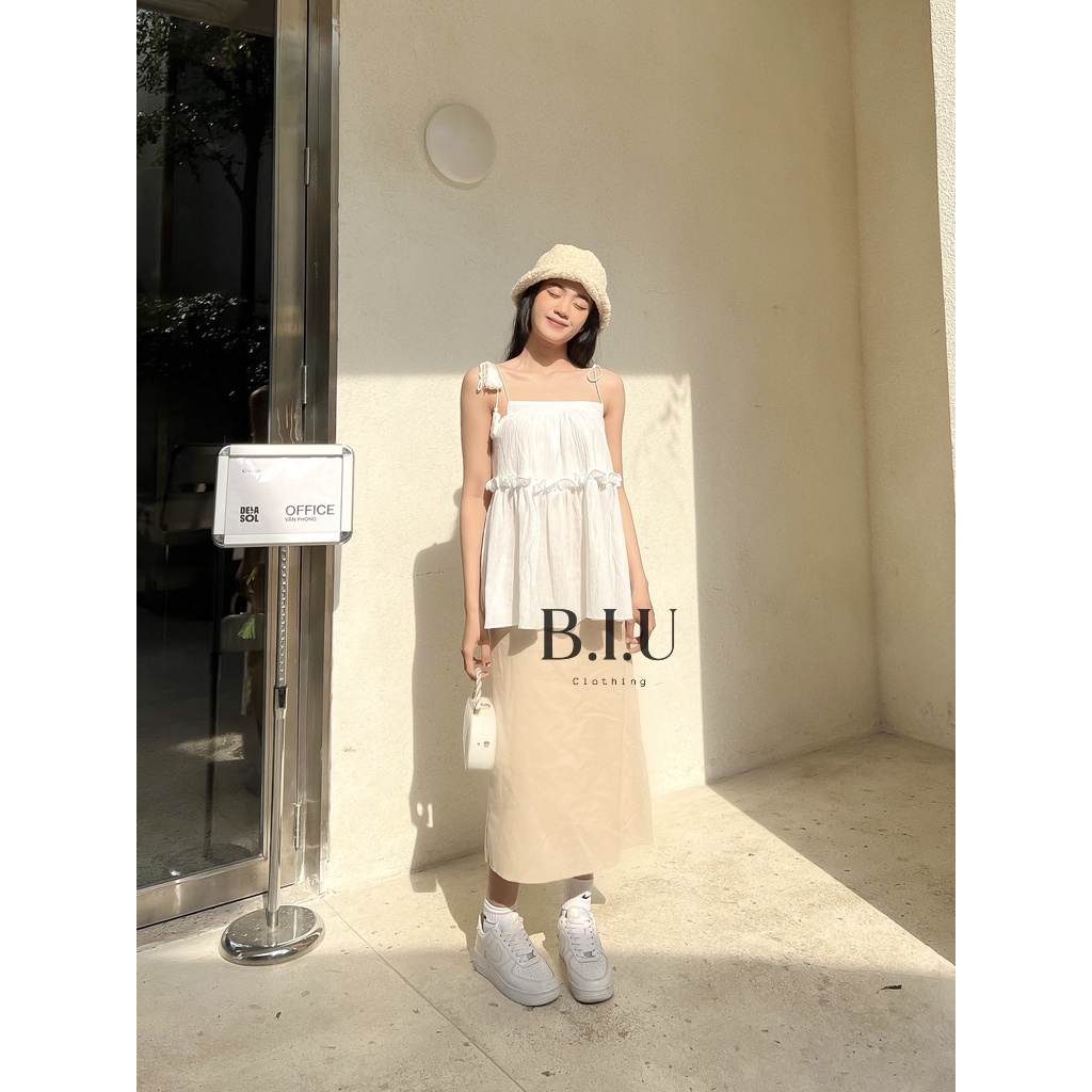 Set áo dây gân tơ chân váy suông dài chất line bánh bèo dễ thương BIU Clothing BB0022
