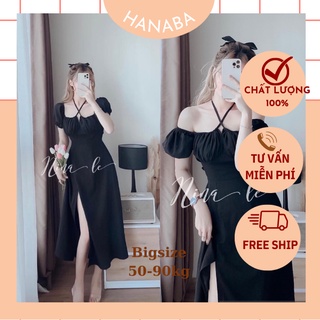 Đầm maxi bẹt vai xẻ tà cúp ngực cột dây cổ điệu đà sexy đi biền màu đen hanaba shop táo đỏ
