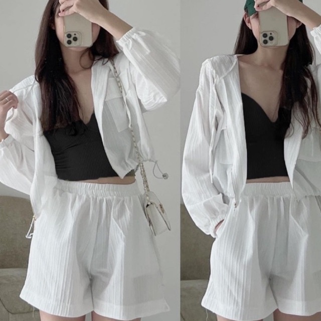 Set Bộ Thể Thao Nữ 3 Món Áo Khoá Mũ Tay Dài Kèm Bra Và Quần Sooc