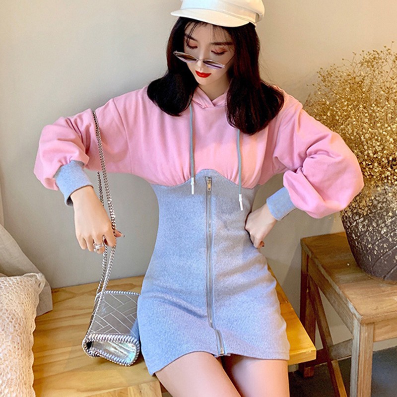 Đầm hoodie phối màu thời trang Hàn Quốc cho nữ