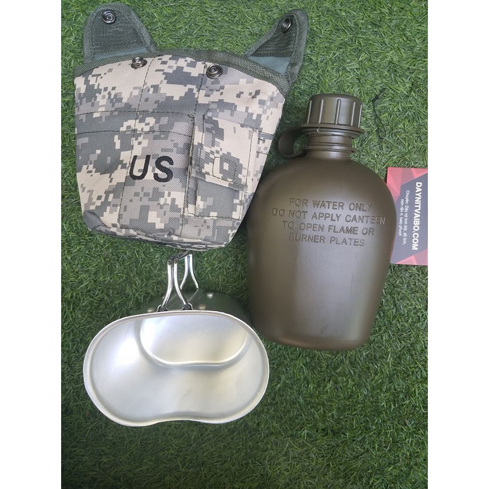 Hình thật Bộ bình nước bình bi đông phong cách lính Mỹ đựng rượu nước kèm cốc  nhôm màu mulitcam và ACU