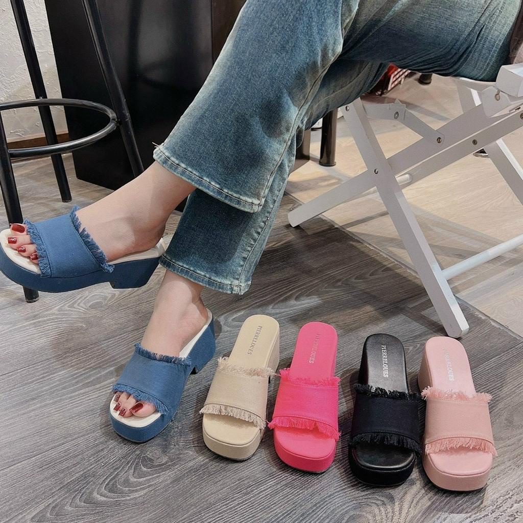 Guốc Nữ Quai Ngang Jean Đế Vuông Cao 5 Phân Cao Cấp , Dép Xuồng Quai Ngang Đế Cao Tôn Dáng