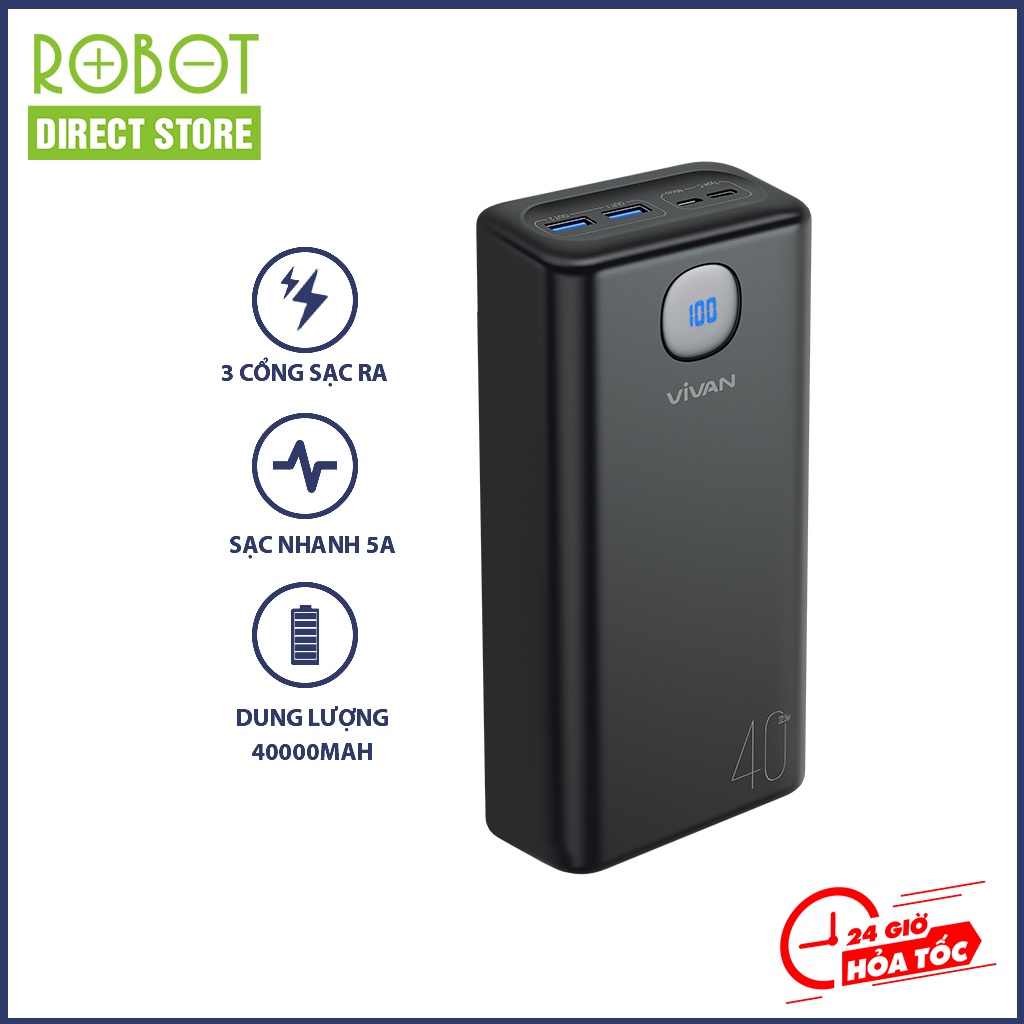 Pin sạc dự phòng Vivan VPB-B40 Robot Direct Store sạc nhanh 40.000mAh chuẩn PD/QC 3.0/VOOC 22.5W 3 output