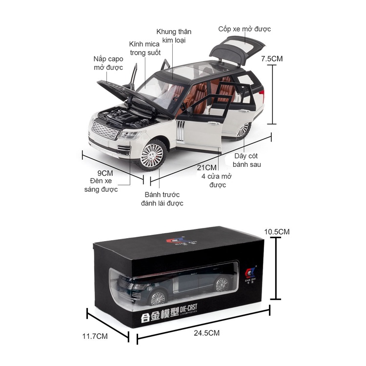 Xe mô hình tĩnh Land Rover - Ranger Rover  tỉ lệ 1:24 khung thép chắc chắn, chi tiết như xe thật màu Đen/Xanh/Trắng đen