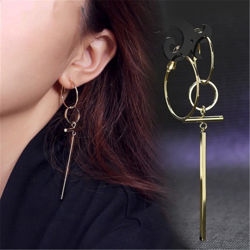 Bất Đối Xứng Bông Tai Vòng Tròn Nữ Hàn Quốc Thời Trang Trang Sức Bạc Thanh Lịch