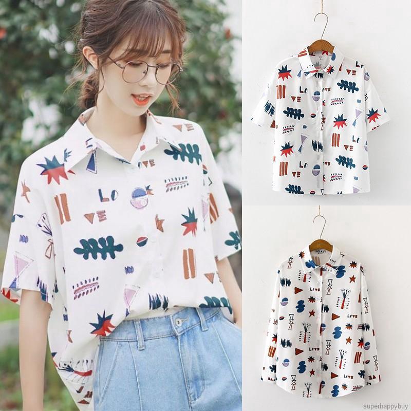 Áo sơ mi trắng in họa tiết hoạt hình phong cách Hàn Quốc cho nữ