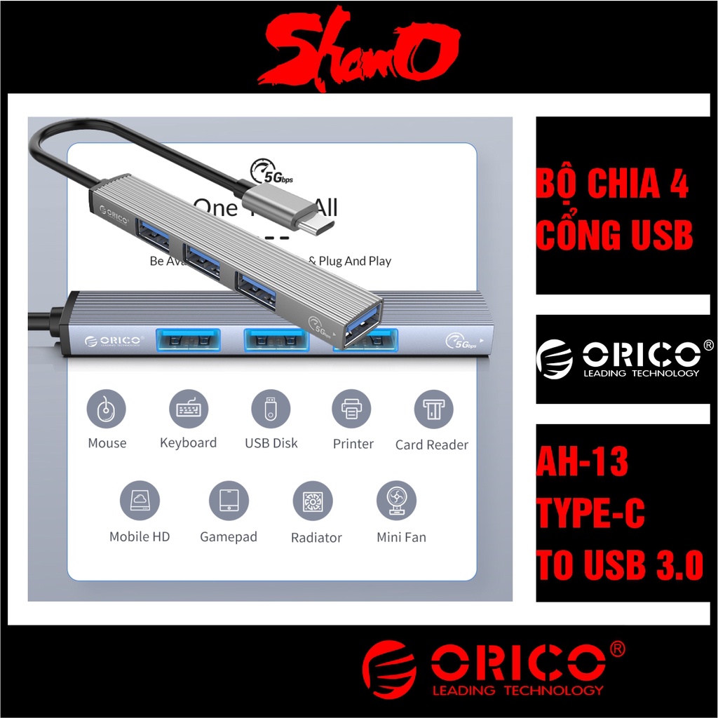 Hub Orico AH-13 – Bộ chia 4 cổng USB 3.0 Cáp đầu vào Type-C ( Type-C To USB3.0 HUB ) – Bảo hành 12 tháng