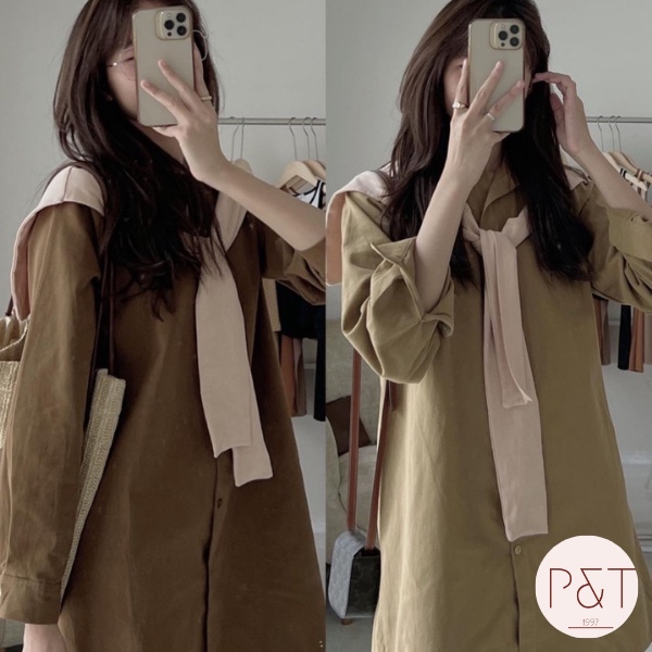 Váy sơ mi kèm khăn basic, đầm sơ mi tay dài kèm khăn thời trang