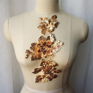 Vàng Sequin Thêu Ren Đính May Hoa Vải Cổ Miếng Dán Váy Cưới Váy Cô Dâu DIY
