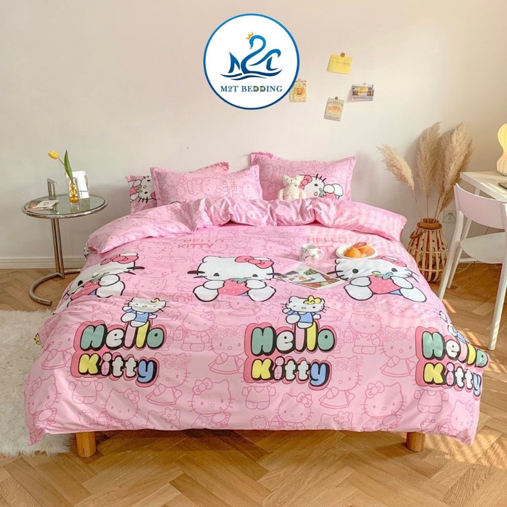 Bộ chăn ga gối Cotton poly M2T bedding, vỏ chăn mền, drap ga giường và 2 vỏ gối nằm - PL Mèo kitty
