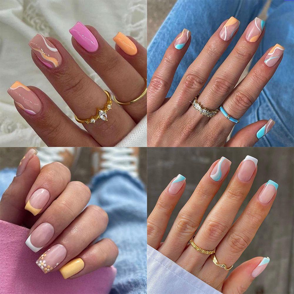 MIH Bộ 24 Móng Tay Giả Che Phủ Toàn Diện Đầu Vuông Có Thể Tháo Rời