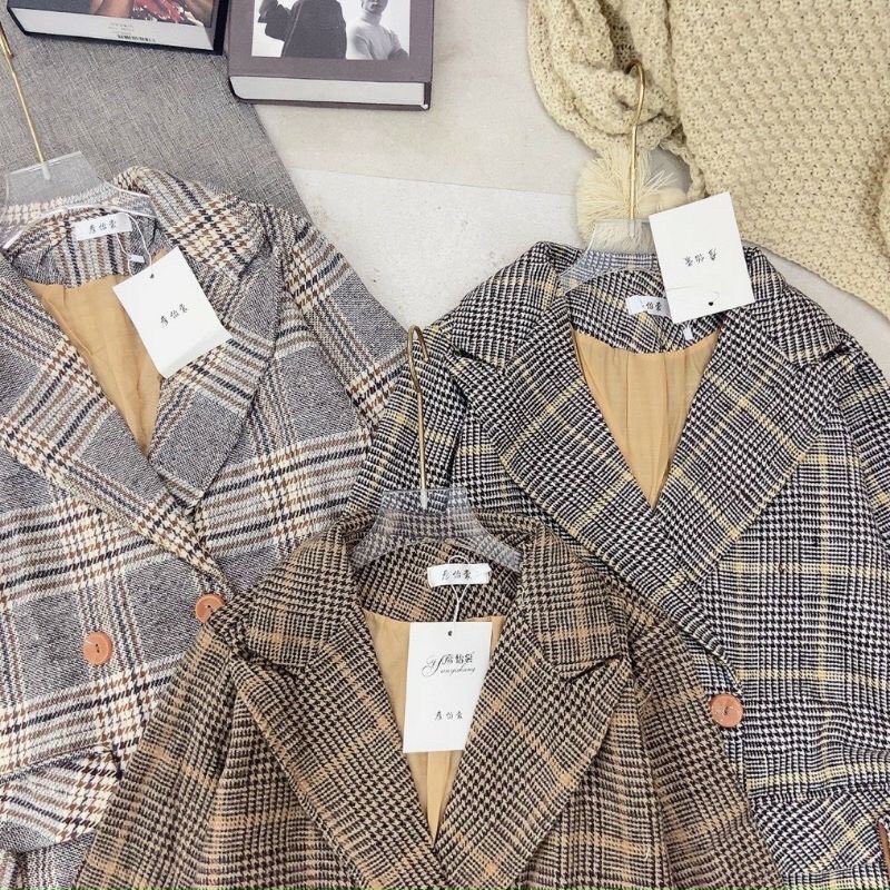 Áo dạ kẻ 4 cúc hàng Quảng Châu 2 lớp / Áo BLAZER nữ tay lật phong cách Hàn Quốc