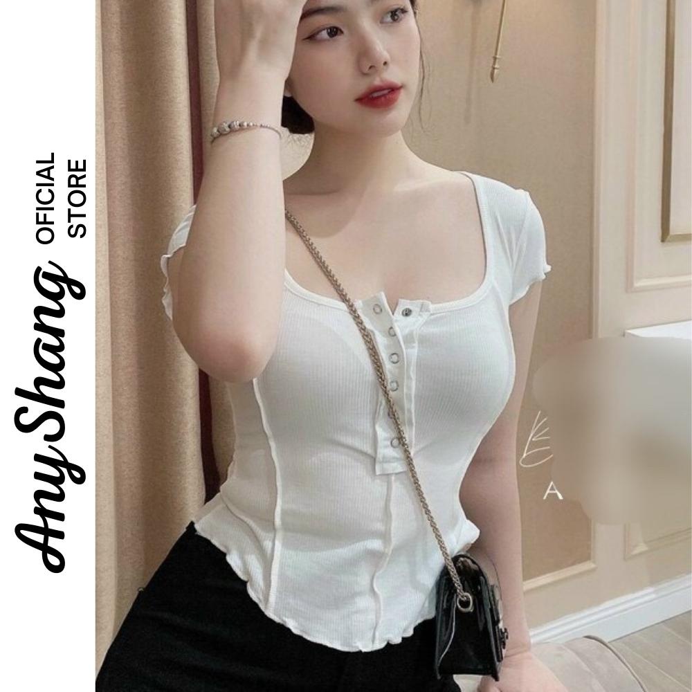 Áo thun cổ vuông kiểu hàng khuy cúc bấm ngực cotton co dãn thoải mái ANSA03