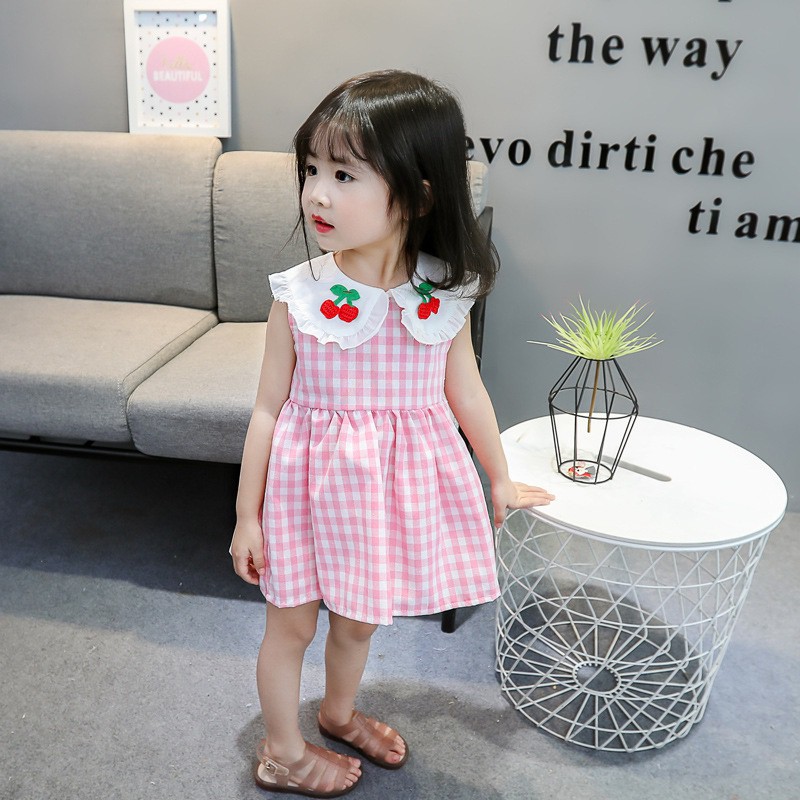 Đầm xòe không tay họa tiết quả cherry xinh xắn cho bé gái