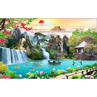 Tranh dán tường 3D sơn thủy có keo sẵn nhận in theo kích thước yêu cầu