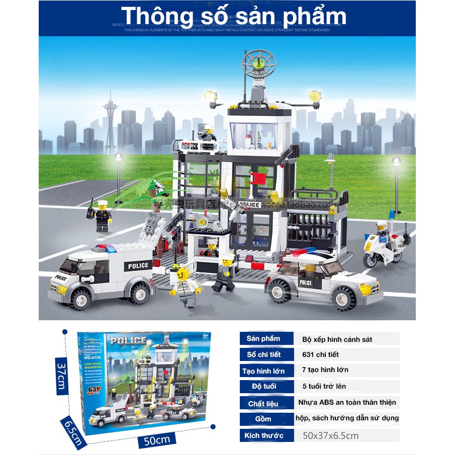 Bộ đồ chơi xếp hình lego bằng nhựa cho bé cảnh sát thành phố với 631 chi tiết, kích thước lớn quà tặng cho bé