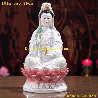 Tượng Quan Âm Sứ tòa sen hồng 10in cao 25cm