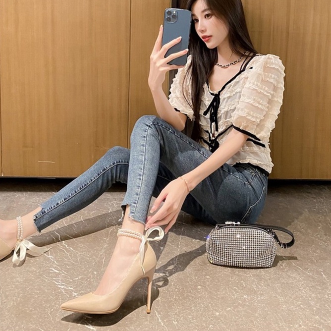 Giày giày cao gót nữ cao 8cm mã LNC56 quai ngọc cực sang chảnh quý phái có 2 màu đen và trắng