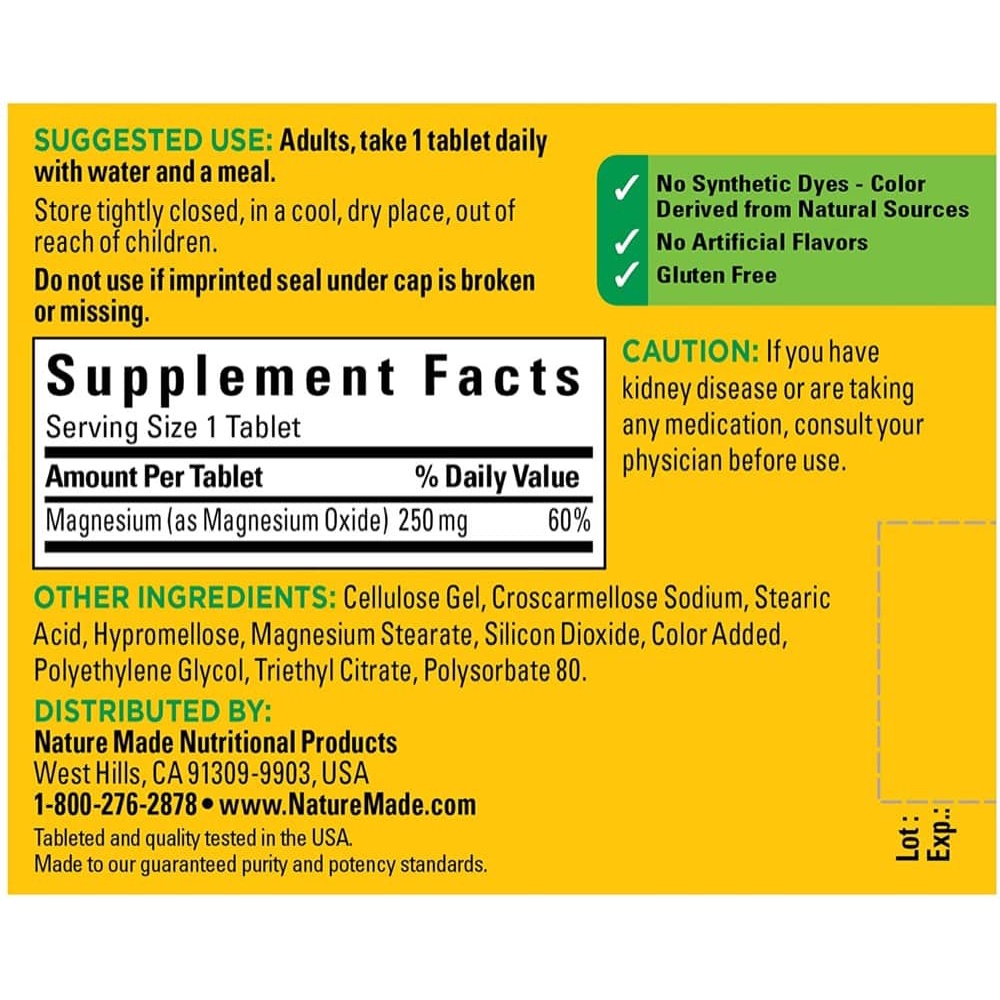 Viên uống bổ sung Magiê Nature Made Magnesium 250mg 100 Tablets