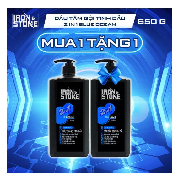 Dầu tắm gội IRON&STONE Innovation hương Blue Ocean dành cho nam dung tích 650G Z0505, dưỡng tóc mềm mượt, làm sạch sâu