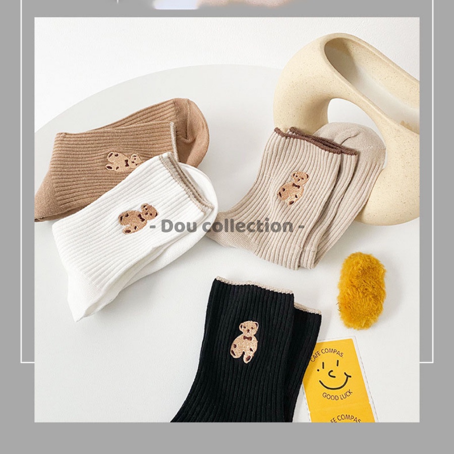 [Nowship2h] Vớ Tất Nữ Cổ Cao Cotton Họa Tiết Thêu Gấu Thời Trang Thu Đông Phong Cách Nhật Bản Dễ Thương - Mã TV026
