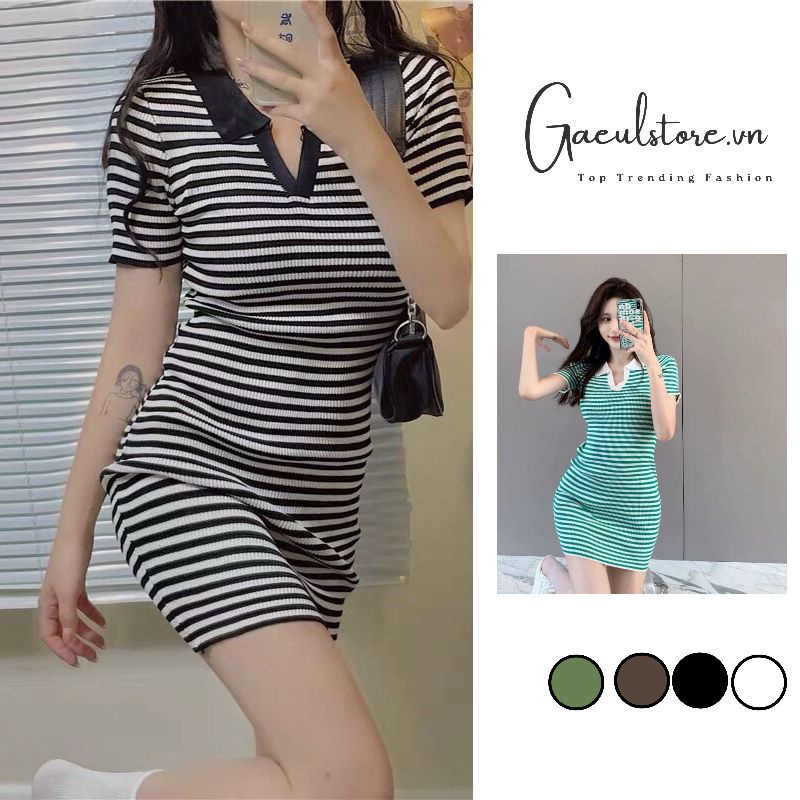 đầm váy len body sọc kẻ ngang cổ V polo