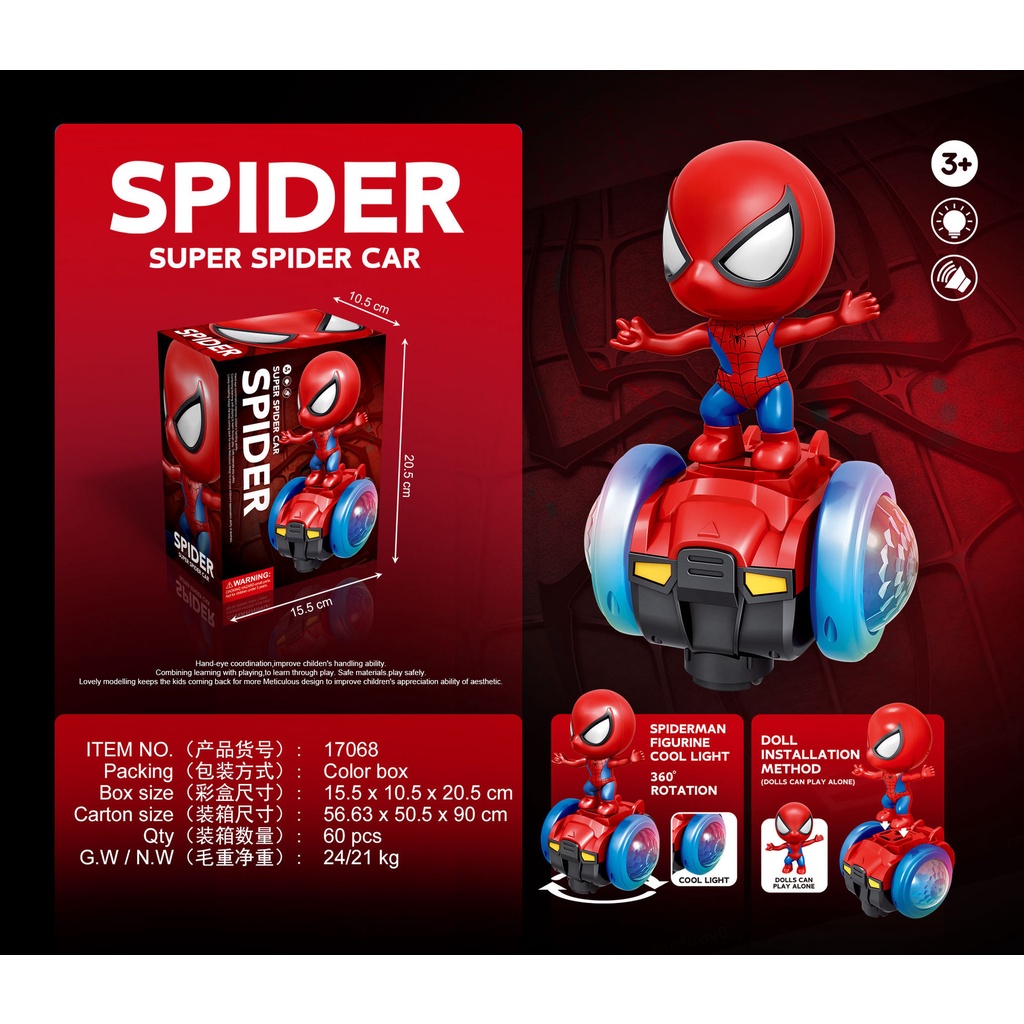 Xe Siêu nhân nhện thăng bằng quay 360 độ phát nhạc vui nhộn cho bé