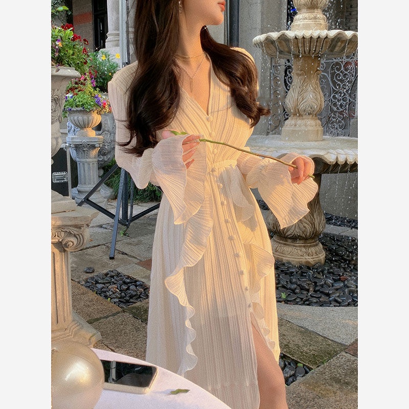 Đầm Nữ Màu Trắng Cà Phê Phong Cách Thời Trang Pháp Trẻ Trung Xinh Xắn