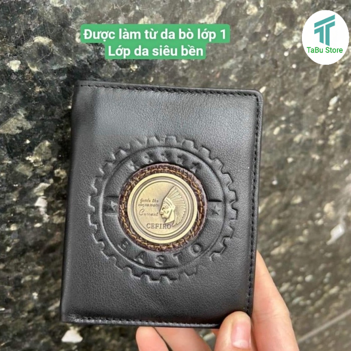 Ví Nam Da Bò CEFIRO Mỹ Chính Hãng  Biểu Tượng Đồng Nguyên Khối-Bóp Da Dáng Đứng Dáng Ngang Đựng Được Giấy Tờ Cũ