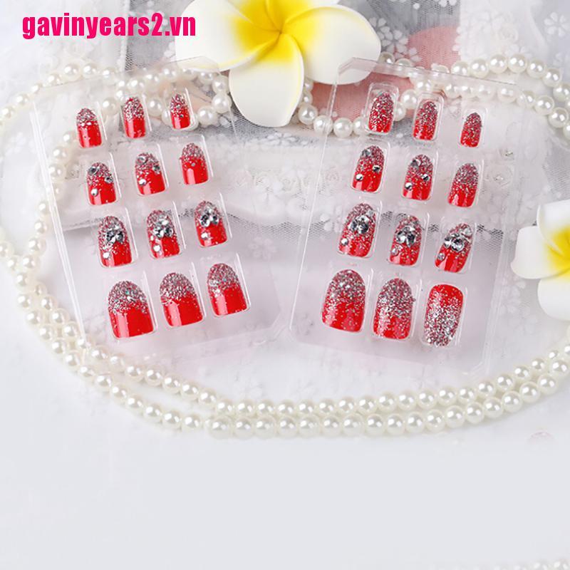 Set 24 Móng Tay Giả Hình Tròn Màu Đỏ Bằng Acrylic