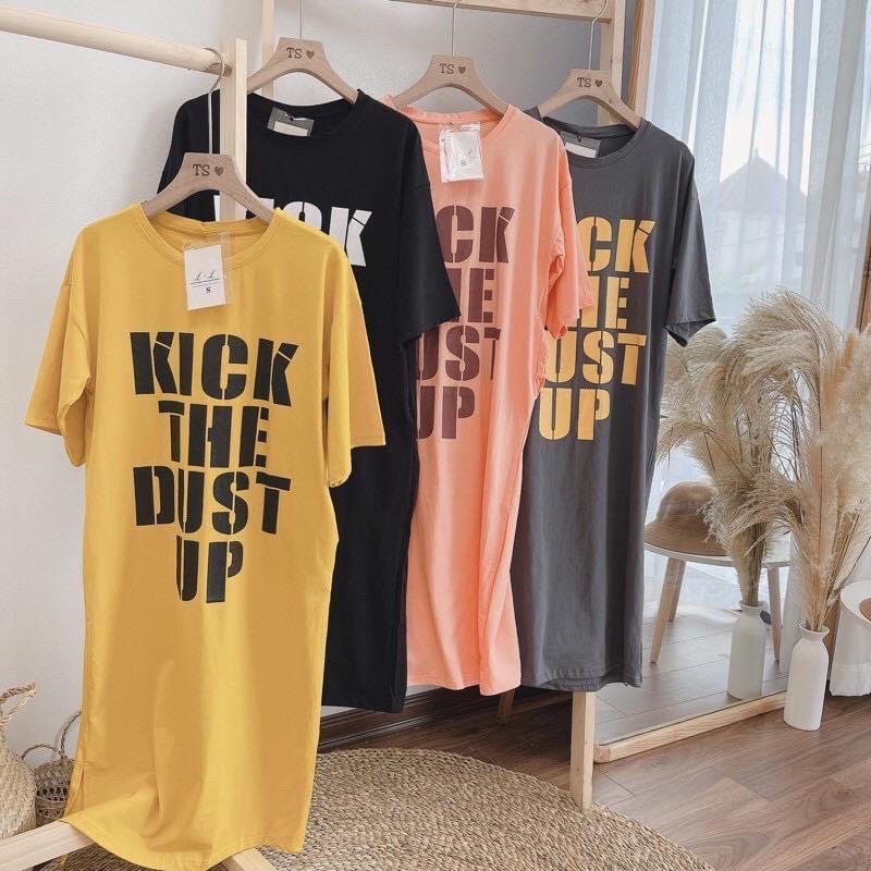 ĐẦM DÁNG SUÔNG-Váy suông cotton dáng dài qua gối fom dưới 65kg k túi in chữ "KICK"