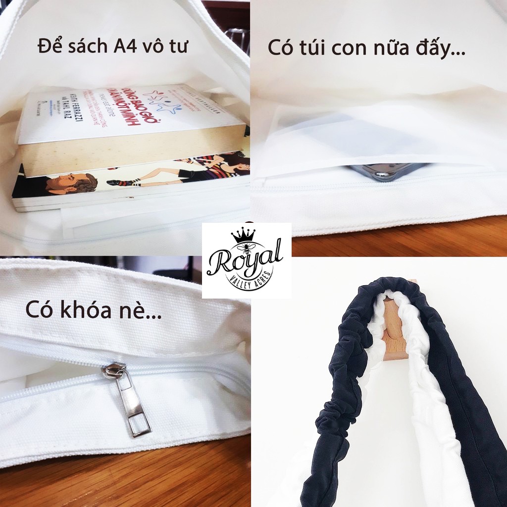 TÚI TOTE ĐEO CHÉO DÂY RÚT [CÓ KHÓA &amp; TÚI CON] - VẢI CANVAS MÀU TRẮNG - ĐEN - PHONG CÁCH ULZZANG  | steven