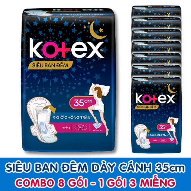 Lốc 8 gói băng vệ sinh kotex siêu ban đêm 35cm - gói 3 miếng