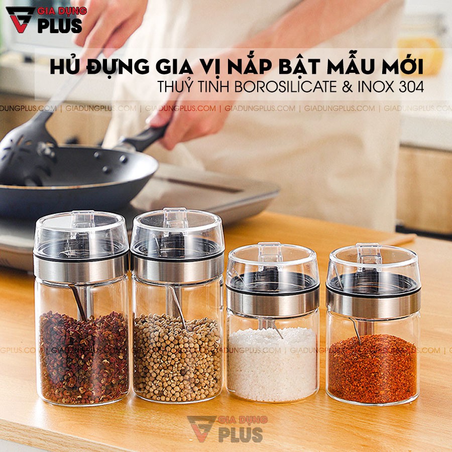 Lọ đựng gia vị thuỷ tinh chịu nhiệt, chịu lực cao cấp - tay cầm và viền inox 304 nắp bật PHALEDO