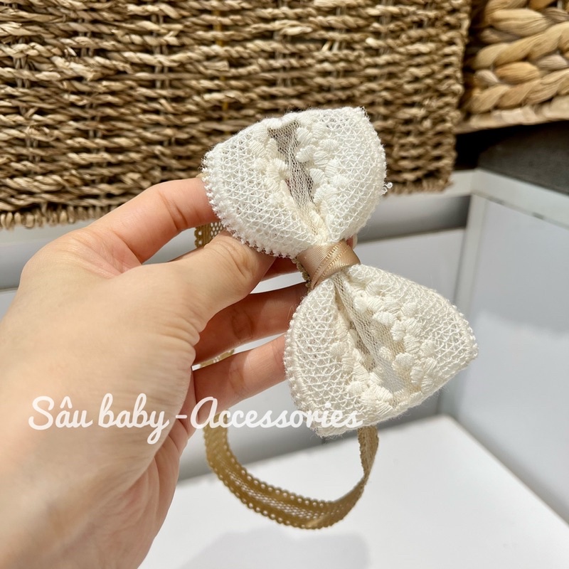 Băng đô turban ren kem handmade cho bé