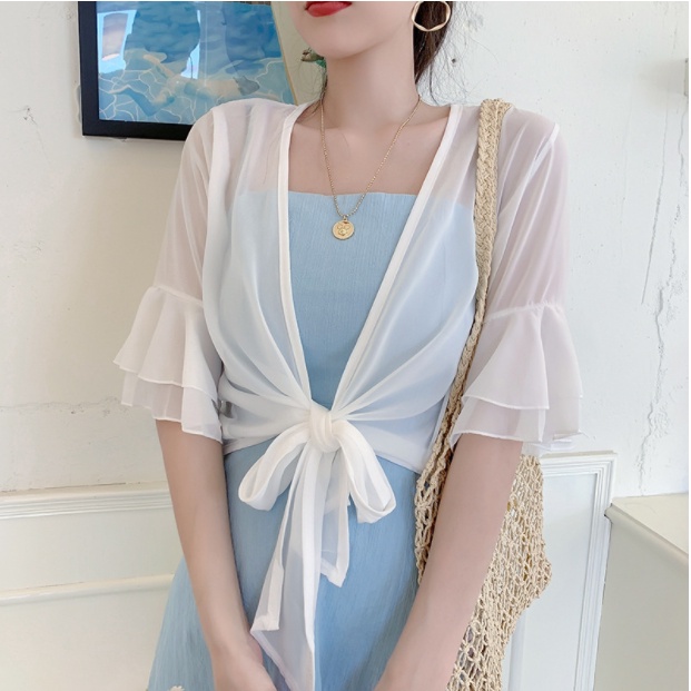 [Sẵn từ S-XXL] Áo khoác voan thắt nơ tay phối tầng