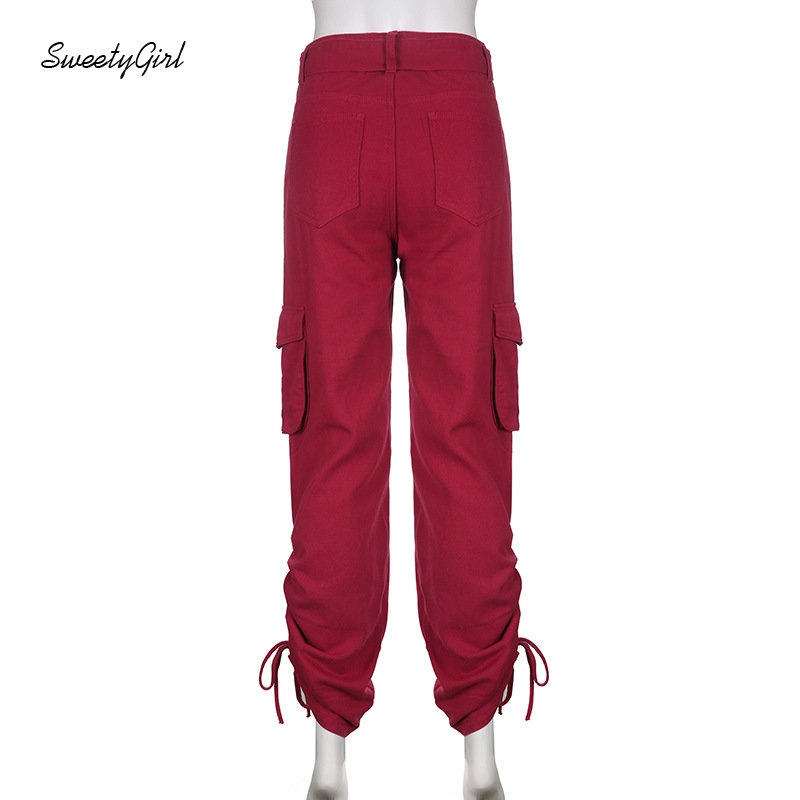 Quần Dài Thể Thao Dáng Suông Lưng Thấp Màu Đỏ Trơn Có Túi Và Khóa Kéo Thời Trang 2022 Cho Nữ