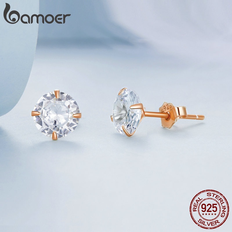 Set 2 bông tai BAMOER bạc 925 đính đá zircon phong cách đơn giản thời trang cho nữ