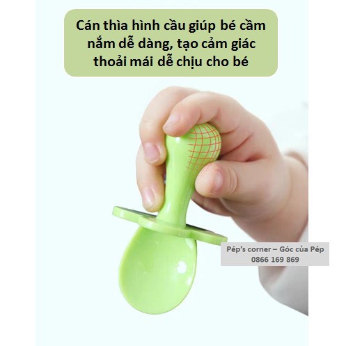 Thìa dĩa cán ngắn mom &amp; pea cho bé tập xúc kèm hộp đựng