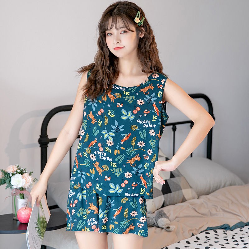 Bộ Đồ Ngủ Gồm Áo Không Tay Và Quần Ngắn Bằng Cotton Lụa Thời Trang Mùa Hè Dễ Thương Dành Cho Nữ