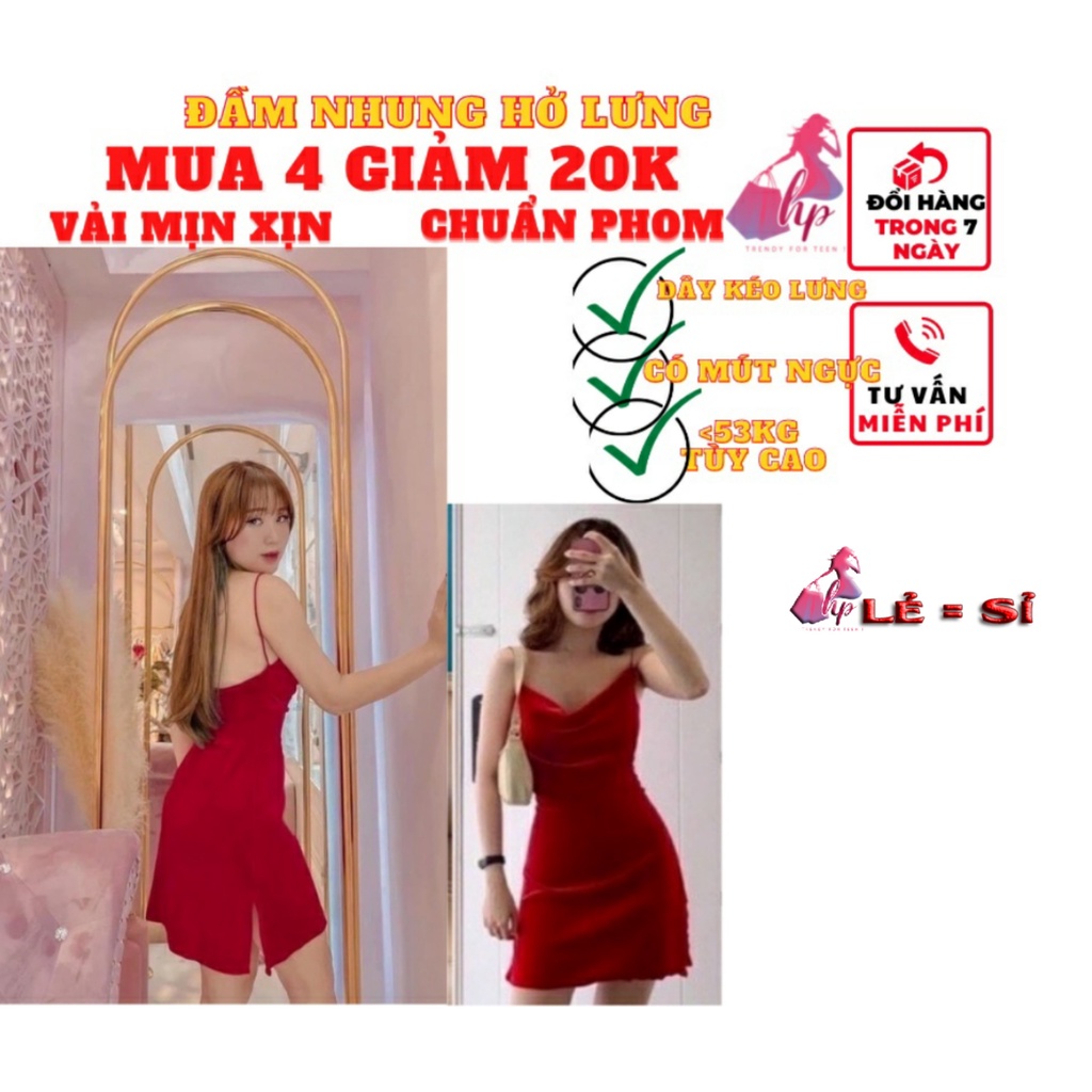 Đầm váy nữ bản 2 dây ôm body nhung mềm mịn hở lưng có mút ngực xẻ tà ngắn cực sang chảnh dự tiệc | BigBuy360 - bigbuy360.vn